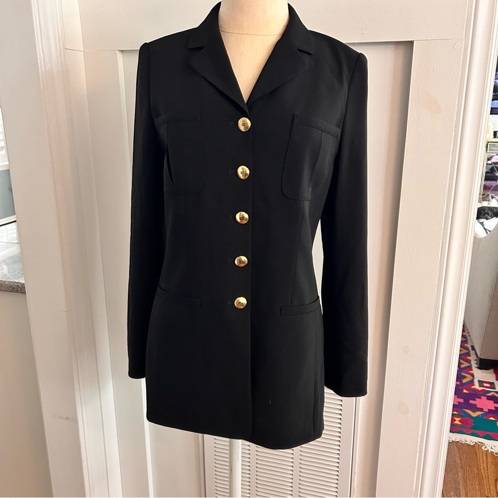 Rena Lange Black Blazer Gold buttons pleated back size 6